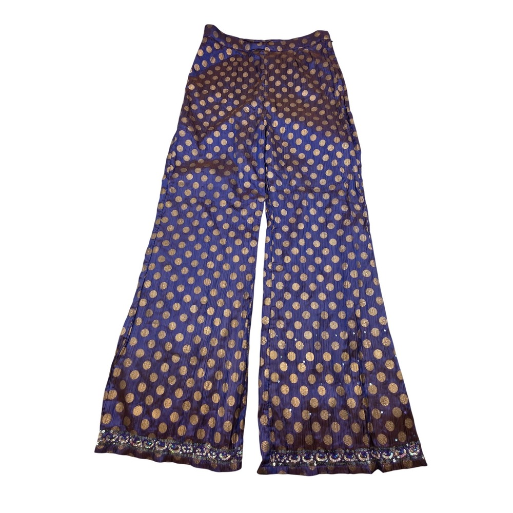 Lagenlook Wide Leg Pant WMN M Purple Gold Polka Dot Sequin Hem Boho Metalic‎